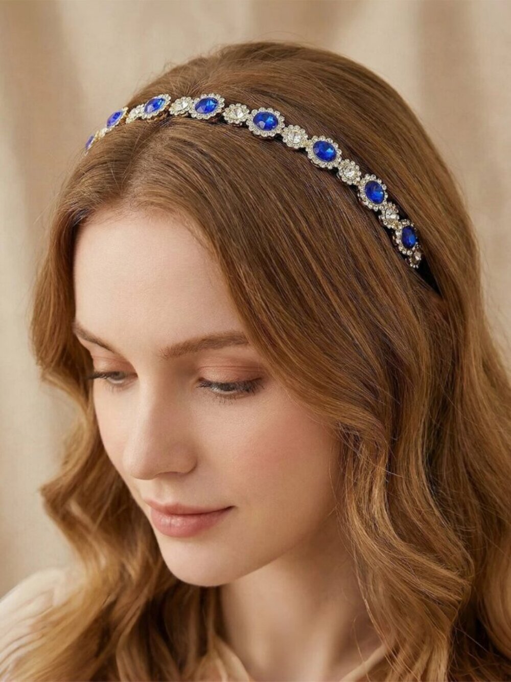 Royal Blue Crystal Halo Headband for Women, Gold-Tone Rhinestone Jeweled Hair